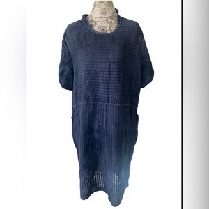 Flax by Jeanne Engelhart Vintage Linen Lagenlook Navy Midi  Dress Size Large